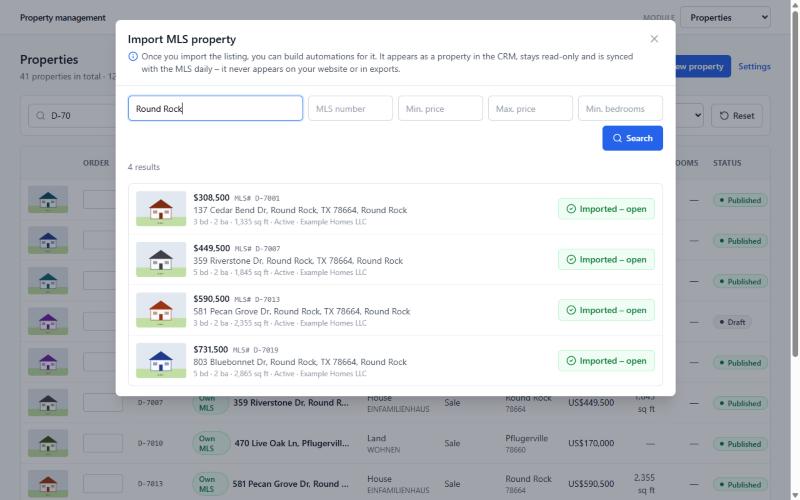 Search MLS listings and take them over with “Import”