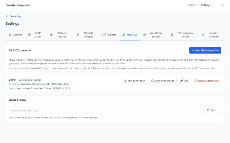 MLS connection and own listings under “Settings → MLS/IDX”