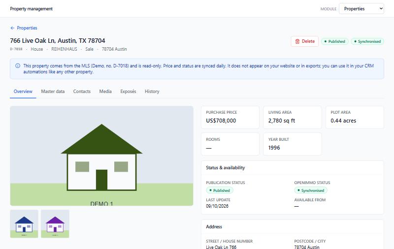 Property detail page with tabs for master data, media, contacts and more