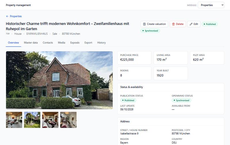 “Create valuation” on the detail page of your own property – after saving, it changes to “Go to valuation”