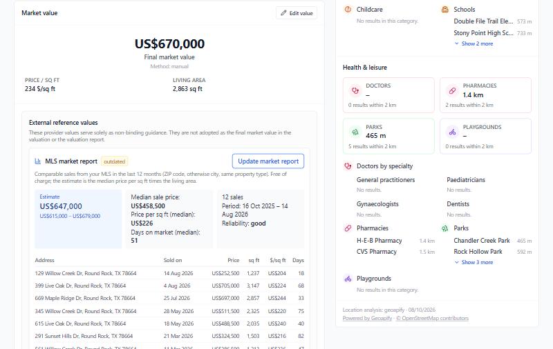 Valuation with property details, reference value and final market value