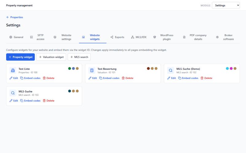 Create website widgets and copy the embed code