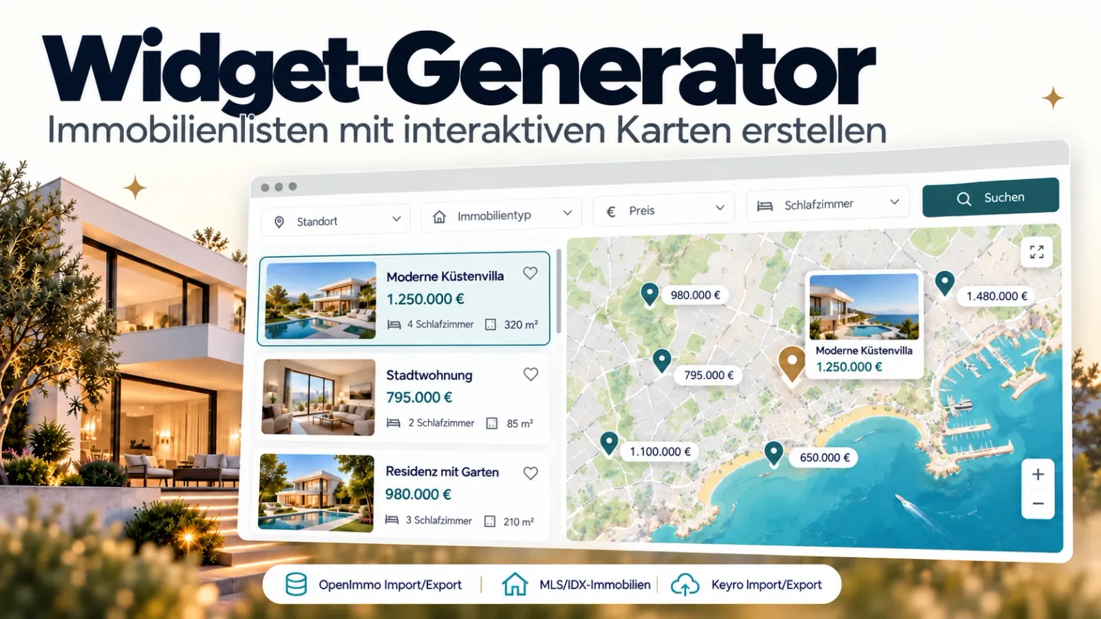 Widget-Generator – Immobilienlisten mit interaktiven Karten, Preis-Pins und Suche erstellen