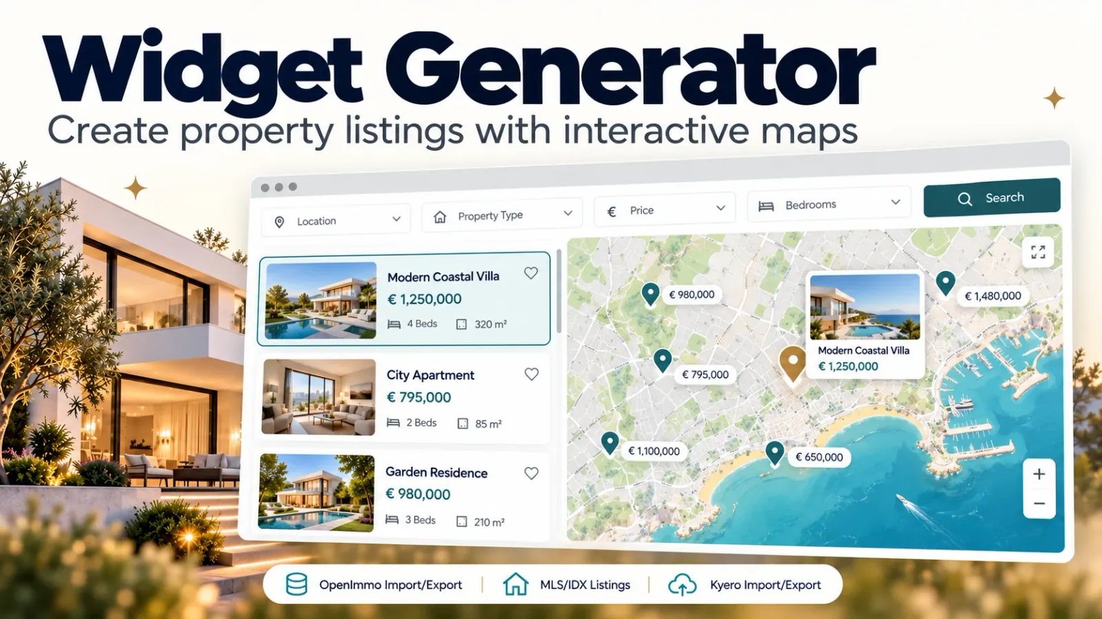 Generador de widgets – crear listados de inmuebles con mapas interactivos, precios en el mapa y búsqueda